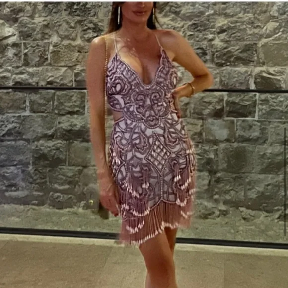 ASOS Pink Embellished Beaded Pearl Baroque Dress - Picture 7 of 7